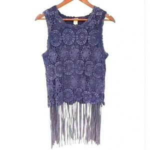 Gimmicks by BKE Blue Fringed Crochet Top